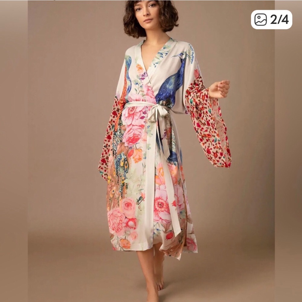 Luxurious Floral Peacock Kimono Dress with Belt
